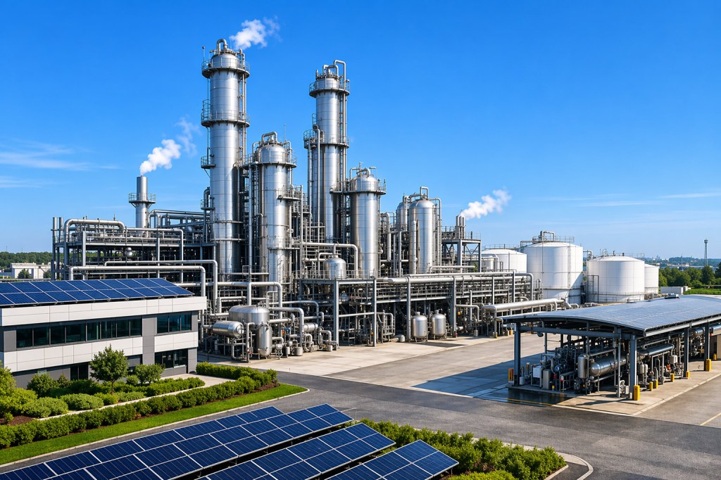 Modern industrial facility with multiple tall metal processing towers, interconnected pipes, and storage tanks under a clear blue sky, with solar panels installed on nearby buildings and in the foreground.