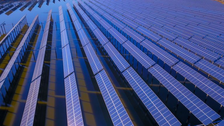 Rows of solar panels arranged in long, parallel lines stretching into the distance under a blue sky.
